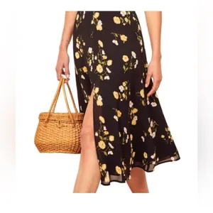 REFORMATION Black Floral Print WELLFLEET V-Neck Cutout Back Midi Dress thumbnail 8