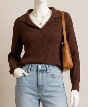 Commense Womens Sweater Brown Ribbed Knit Polo Collar Long Sleeve Small thumbnail 1