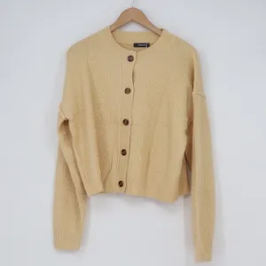 Fashion Women Yellow Textured Knit Button Front Cardigan Sweater L thumbnail 2