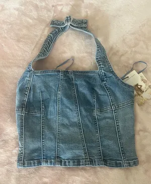 Sincerely Jules Denim Halter Crop Top - Blue thumbnail 1