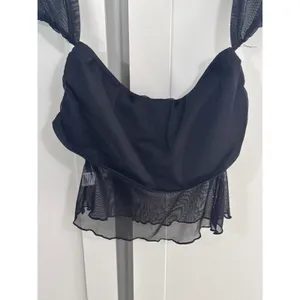 Black Mesh Off Shoulder Crop Top Sheer Flutter Sleeve Draped Sweetheart thumbnail 3