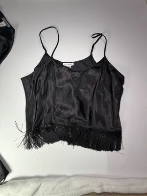 Linea Donatella Black Satin Camisole and Fringe Robe Set thumbnail 2