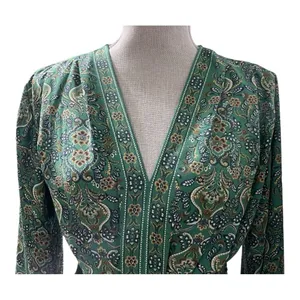 Max Studio Green Paisley Tie Front Peplum Blouse Size Small | Smocked Back V-Nec thumbnail 7