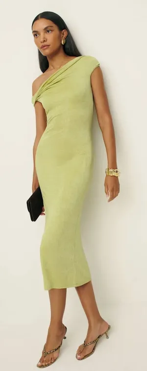 Reformation NWT Jamen Lime Squeeze One Shoulder‎ Knit Maxi Dress Size L thumbnail 1