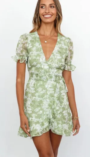 Here Comes the Sun Green Floral Wrap Dress Puff Sleeve Size Small thumbnail 1