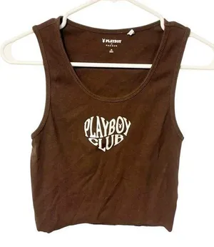 Playboy Size Medium Chocolate Brown Ribbed Cropped Tank Top Heart Graphic thumbnail 1