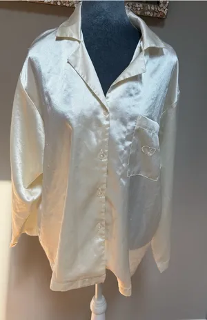 Vintage Christian Dior cream white satin medium pajama set 2 piece loungewear thumbnail 1