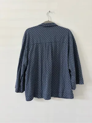 Petite Plume Navy Yellow Pima Cotton Button Down Wide Sleeve Pajama Top L thumbnail 5