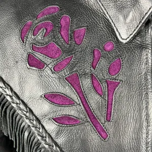 UNIK Leather Fringe‎ Biker Jacket Small Black Purple Rose Inlay Motorcycle Goth thumbnail 11