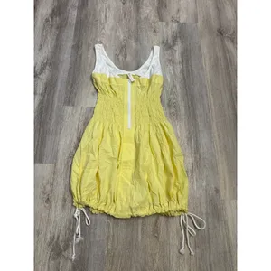 Anthropologie Daily Pratice Yellow White Zip Front Smocked Bubble Mini Dress S thumbnail 2