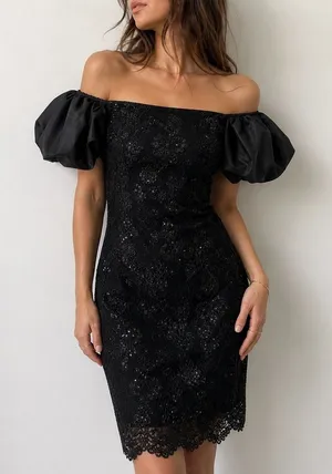 Eliza J Black Dress Sequin Lace Off Shoulder Puff Sleeve Size 4 Glam Cocktail thumbnail 1