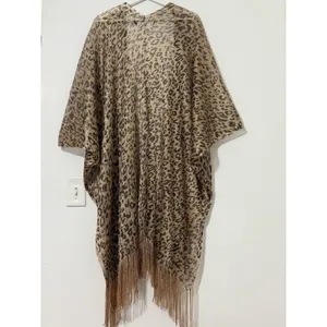 Women’s Leopard Print Fringe Kimono Gold Metallic Mesh Boho Cover-Up One Size thumbnail 3