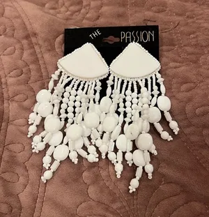 The Limited White Beaded Fringe Statement Earrings thumbnail 1