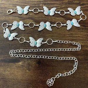 Silver Y2K Western Butterfly Turquoise Chain Belt, Fits 24-42 Inches, X7GA1343 thumbnail 1