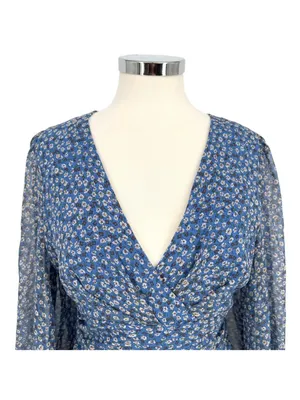Bardot Floral V-Neck Long-Sleeve Mini Dress Ruffled Ruched Blue Size XL thumbnail 2