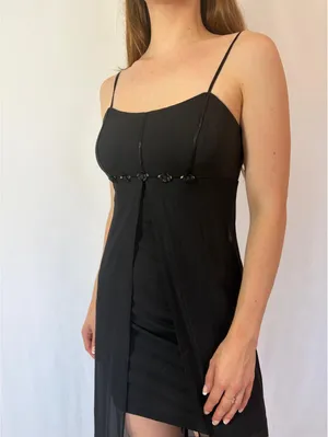 Vintage Blondie Nites Black Rosette Mesh Overlay High Low Evening Gown thumbnail 5