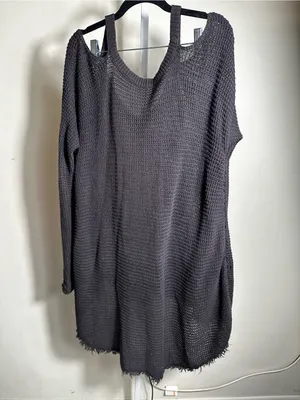 P397. Free People Cold Shoulder Waffle Knit V-Neck Long Sleeve Top in Charcoal thumbnail 3