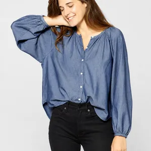 Outerknown Button Front Blouse Small Blue Chambray Coastal Boho Sustainable Top thumbnail 1
