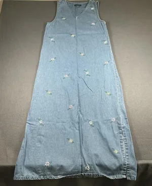 Vtg Mountain Lake Casuals Dress Womens Small Blue Denim Floral Maxi Jumper thumbnail 1