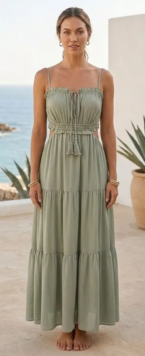 Boho Resortwear Sage Green Tiered Maxi Dress Cutout Waist Tassel Detail M thumbnail 1