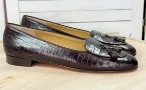 Brooks Brothers Croc Embossed Leather Tassel Loafers Brown 10 AA Narrow thumbnail 1