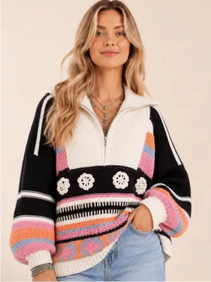 Cozy Colorblock 1/2 Zip-Front Black& Cream w/Pink,Blue & Orange Crochet Sweater thumbnail 1