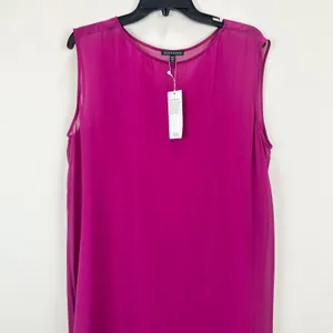 Eileen Fisher Sheer Silk Georgette Boat Neck Sleeveless Midi Dress Sangria L NWT thumbnail 6