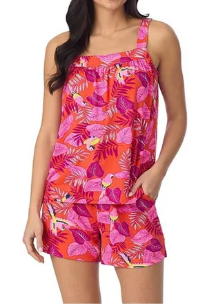 Cuddl Duds Pajama Set Cozy 2pc Tank Top Shorts NEW Pink Orange Bird Paradise L thumbnail 1