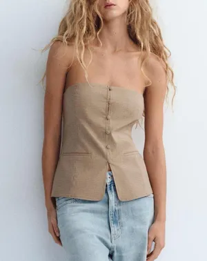 NWT Zara Checkered Plaid Covered Button Corset Strapless Top in Tan - S thumbnail 2