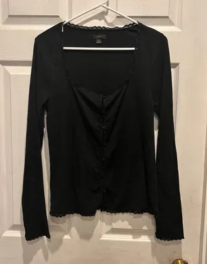 J. Crew Scoopneck Lace‎ Trim Henley Button Down Black Size Large Cotton Modal thumbnail 1