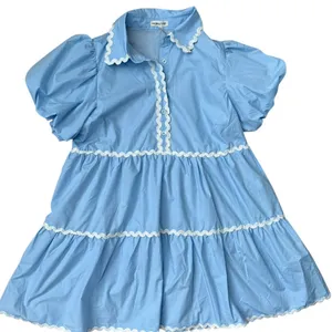 Mainstrip Puffed Sleeve Ric Rac Trimmed Solid Mini Dress‎ Blue Size Large thumbnail 4
