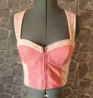 Urban Outfitters Pink/red and white lace cropped zip up top thumbnail 1