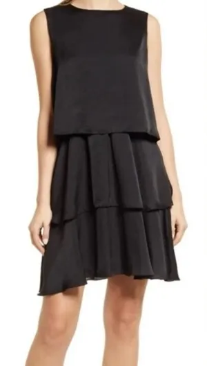 Sam Edelman Black Satin Sleeveless‎ Tiered Ruffled Shift Minidress Size 2 thumbnail 1