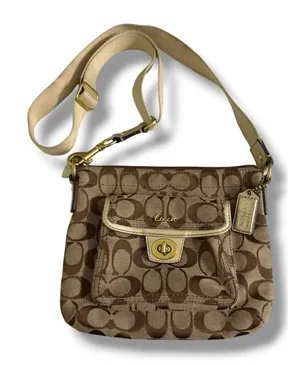 Coach Signature Canvas Crossbody Bag Brown Khaki Front Turnlock Pocket Gold Trim thumbnail 1