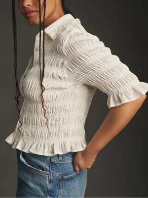 Anthropologie Maeve Cream Smocked Ruffle-Cuff Collared Top Size Large thumbnail 2