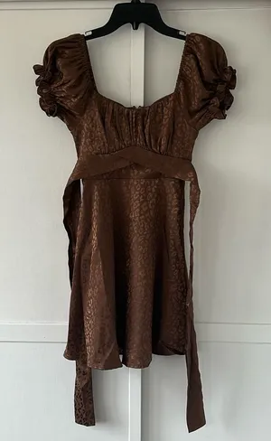 Brown Satin Leopard Print Baby Doll Dress • Size XS thumbnail 1