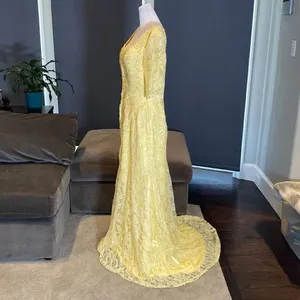 Women’s Yellow Lace Full Length Dress Mother of the Bride Small Train Zip Size L thumbnail 4