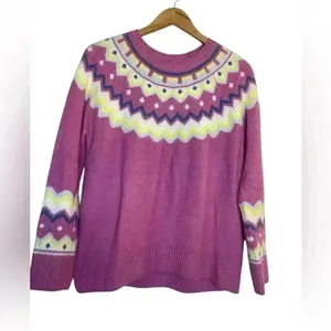 Vince Camuto Pink Fair Isle‎ Sweater Small Classic Oversized Stretch Ski Snow thumbnail 3