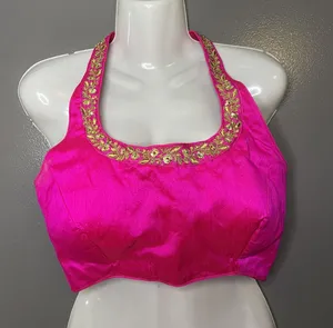 Handmade Halter Blouse Womens Med Pink Embroidered Sequin Padded Cropped Party Top thumbnail 1