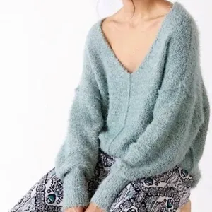 Free People Icing V Pullover Sweater L Green Fuzzy Oversized V Neck Boho thumbnail 2