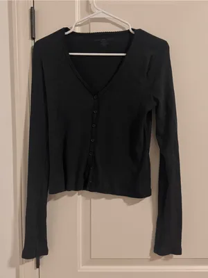 Brandy Melville Black Ribbed V-Neck Button-Front Top thumbnail 1