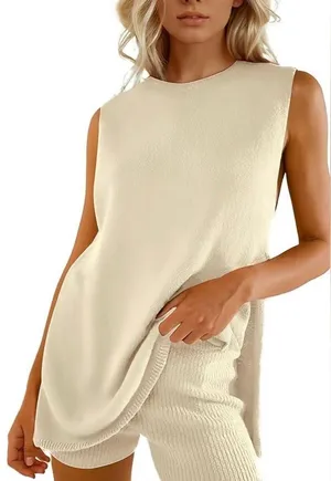 Uaneo 2 Piece Outfit Summer Knit Sweater Set Sleeveless Tunic top and short thumbnail 1