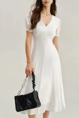 Rihoas White Puffed Sleeve V Neck Midi Dress thumbnail 1
