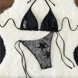 SHEIN Black Sequin Triangle Bikini Set thumbnail 3