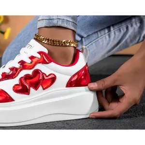 Red Heart Pattern Lightweight Sneakers Cushioned Sole 8 White thumbnail 5