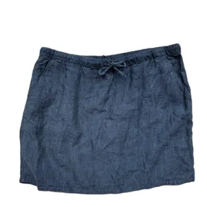 Garnet Hill Essential 100% Linen Pull On Denim Mini Skirt Pocket Chambray Size L thumbnail 2