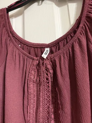 Colosa Boho Crochet Lace Peasant Top Burgundy Mauve Short Sleeve Size L thumbnail 4