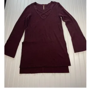 Free‎ People Andy Midnight Tunic Sweater Burgundy Crisscross V-Neck Ribbed Large thumbnail 2
