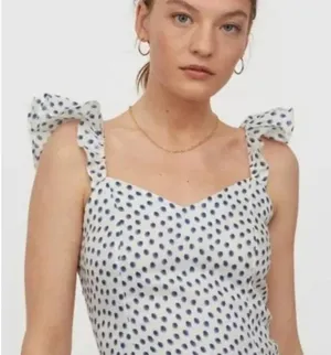 H&M Linen Blend Polka Dot Blouse White Lightweight‎ Summer Casual Chic Sz L thumbnail 1