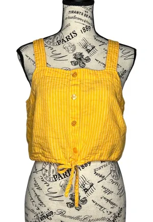 A New Day (M) Striped Button Detail Linen Blend Front Tie Crop Top Tank Shirt thumbnail 1